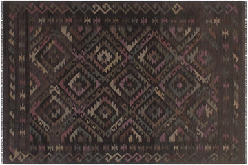 Flat Weave Kilim, Antique, Navaho, Vintage, Handmade, Geometric Kilim Black Brown Hand-Woven Rectangle 100% Wool Area Rug 5 x 8
